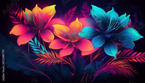 Edgy Neon Floral Impact. High-contrast flower silhouettes, neon edges. Bold visual identity. Striking modern graphic