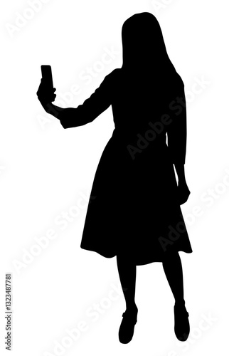 Businesswoman taking selfie with smartphone, silhouette of elegant woman making photo with mobile phone. Vector illustration.