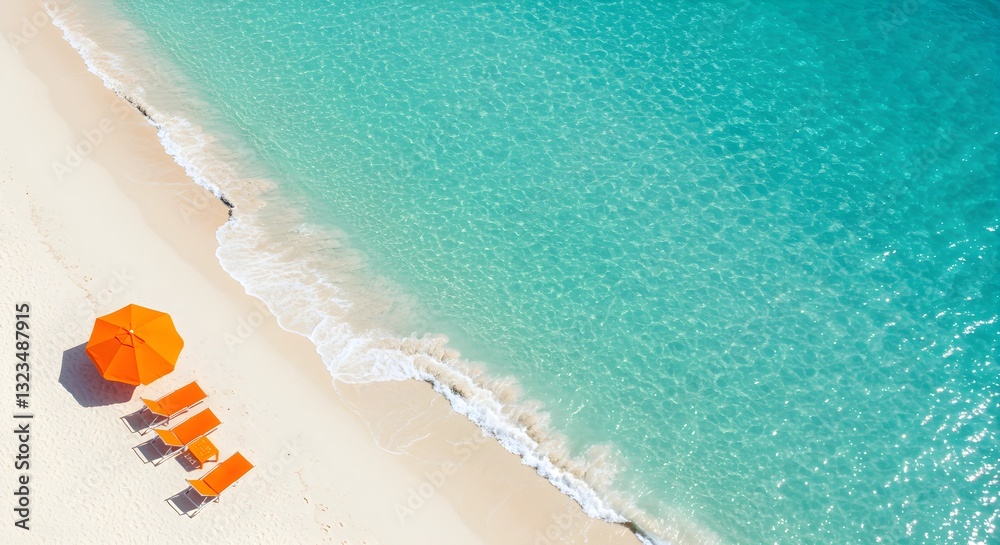 Naklejka premium A white beach with two sun loungers and an umbrella in the Maldives