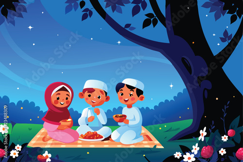 Vibrant vector illustration of diverse children joyfully participating in traditional Eid celebrations.