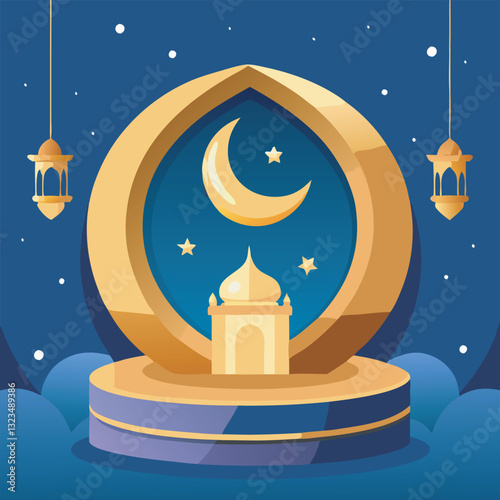 Ramadan Kareem greeting card template Decorated With Realistic crescent moon stand on podium Islamic eid mubarak