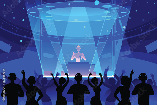 A futuristic holographic DJ performs a vibrant concert in a dazzling metaverse environment.  Attendees represented by avatars dance and interact.