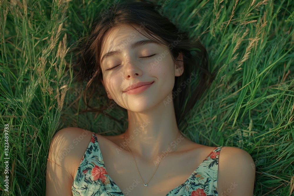 In a serene meadow, bathed in the soft caress of the sun, a woman finds solace, surrendering to the embrace of nature's tranquility, her eyes gently closed as she drifts into a world of peace and In a serene meadow, bathed in the soft caress of the sun, a woman finds solace, surrendering to the embrace of nature's tranquility, her eyes gently closed as she drifts into a world of peace and