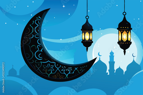 Generate a highly detailed image of a crescent moon formed entirely from intricate, interwoven Arabic geometric patterns.  The patterns should be richly colored and exhibit a high level of detail.