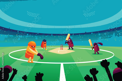 A vibrant cartoon cricket match unfolds on a sun-drenched pitch; whimsical characters engage in a lively batting duel.