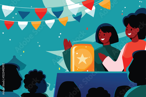 Create a detailed vector illustration of a vibrant fundraising gala event, showcasing diverse attendees, elegant decorations, and donation boxes. Include (1) a prominent stage.