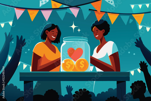 Create a detailed vector illustration of a vibrant fundraising gala event, showcasing diverse attendees, elegant decorations, and a prominent donation box.