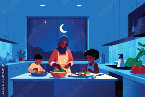 Create a detailed vector illustration of a family collaboratively preparing a traditional celebratory meal, showcasing diverse ages and joyful expressions.