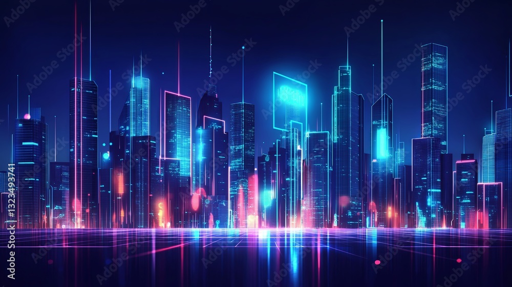 A hyper-modern city skyline with floating holograms and neon lighting A hyper-modern city skyline with floating holograms and neon lighting