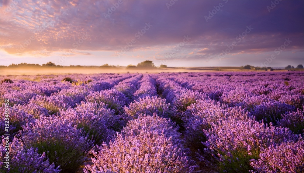 Obraz premium Fresh lavender field in soft morning light, creating a dreamy and calming nature scene