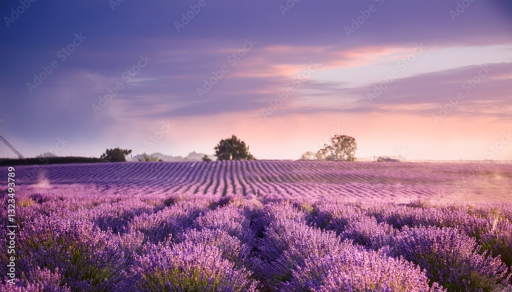 Obraz premium Fresh lavender field in soft morning light, creating a dreamy and calming nature scene