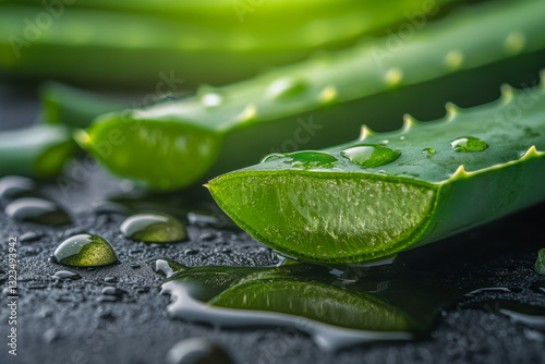 Close-up of fresh aloe vera leaves with water droplets on dark surface