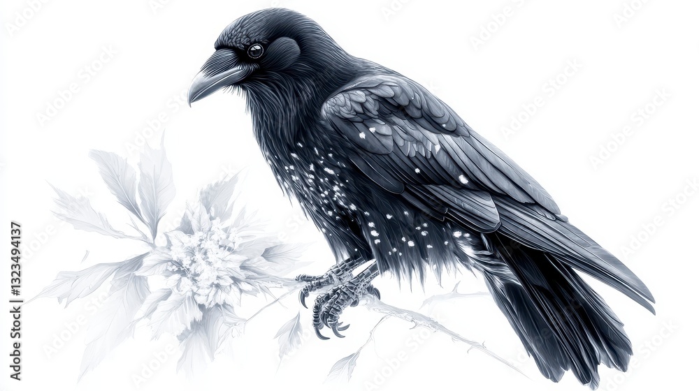 Fototapeta premium Monochrome Raven and Stylized Flower A Moody Nature Study