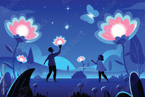 Ethereal metaverse garden glowing flora, bioluminescent plants, digital pathways, futuristic architecture, vibrant colors, immersive VR environment.