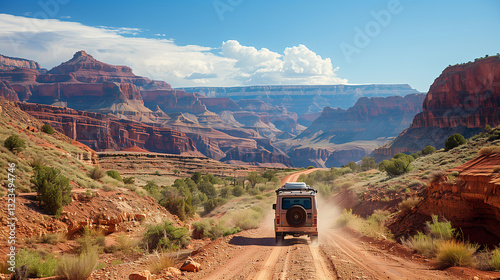 Beautiful scenery of Grand Canyon and camping car. Traveling through deserts and canyons photo
