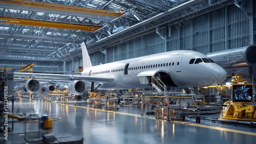 A futuristic aircraft assembly line where AI-driven robotic arms construct next-gen planes with extreme precision and real-time diagnostics