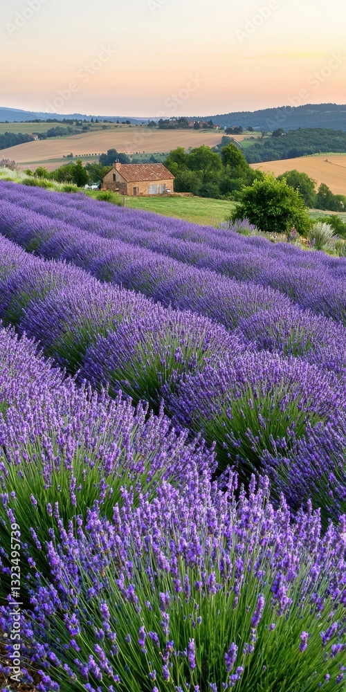 Naklejka premium A picturesque lavender field stretches across rolling hills, showcasing vibrant purple blooms under a soft sunset sky.