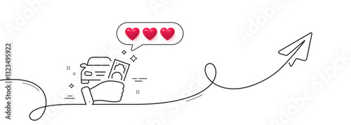 Rent car line icon. Continuous line with share plane. Buy transport sign. Vehicle down payment symbol. Hearts rate review in speech bubble. Rent car single line ribbon. Loop curve pattern. Vector