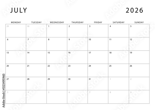 July 2026 calendar. Monthly planner template. Monday start. Vector design