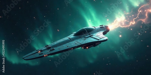 Wallpaper Mural A futuristic spacecraft soars through a vibrant nebula, its engine trail blazing a path across the cosmic canvas.  A journey into the unknown awaits. Torontodigital.ca