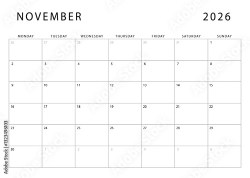 November 2026 calendar. Monthly planner template. Monday start. Vector design
