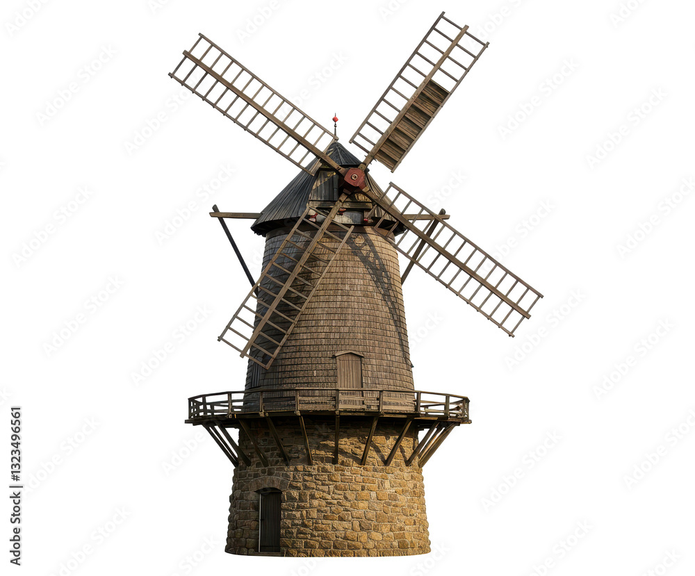 Obraz premium Traditional Stone Windmill with Wooden Blades, Historic Agricultural Structure for Grain Milling and Sustainable Energy Production