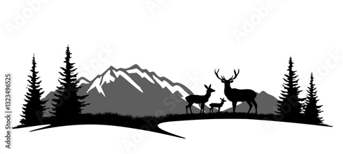 Black silhouette of mountains and fir trees  deer stag animals camping adventure wildlife landscape panorama illustration icon vector for logo, isolated on white background.