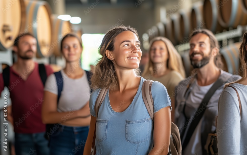 Fototapeta premium Group of happy tourists exploring a vineyard, enjoying the wine tasting experience.