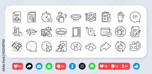 Seafood, Music phone and Cloud sync line icons pack. Social media: share, comment, like icons. Legal documents, Message, Sleep web icon. Auction, Text message, Refresh like pictogram. Vector