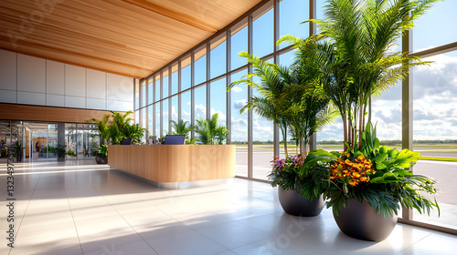 Eco-friendly airport terminal with lush plants modern architecture natural light indoor environment relaxed viewpoint for sustainable travel photo