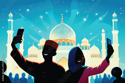 A vibrant vector illustration of diverse people joyfully taking selfies together at a festive event, showcasing happy expressions and celebratory attire.