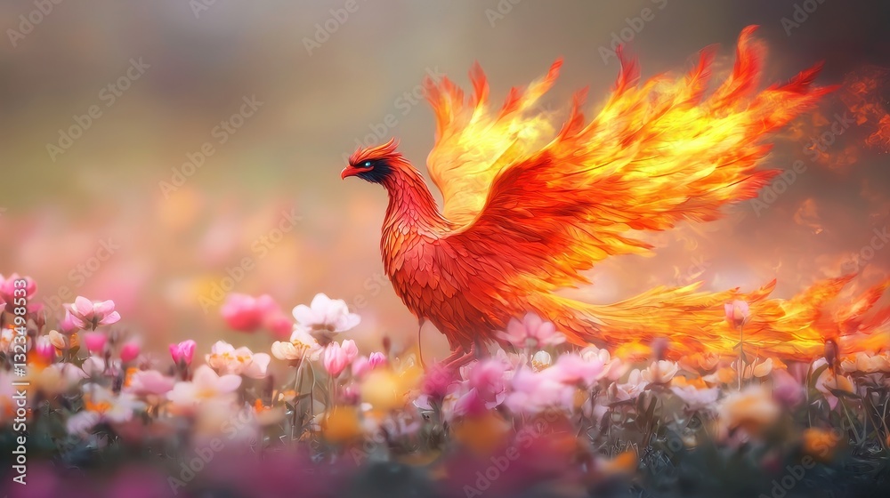 Fototapeta premium A fiery phoenix stands amidst colorful flowers, embodying rebirth and transformation in a dreamlike landscape.