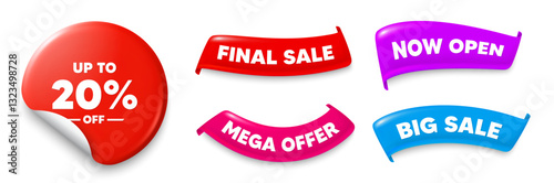 Discount tag sticker, Sale offer ribbons. Big sale, Now open. Up to 20 percent off sale. Discount offer price sign. Special offer symbol. Save 20 percentages. Sticker badge. Vector