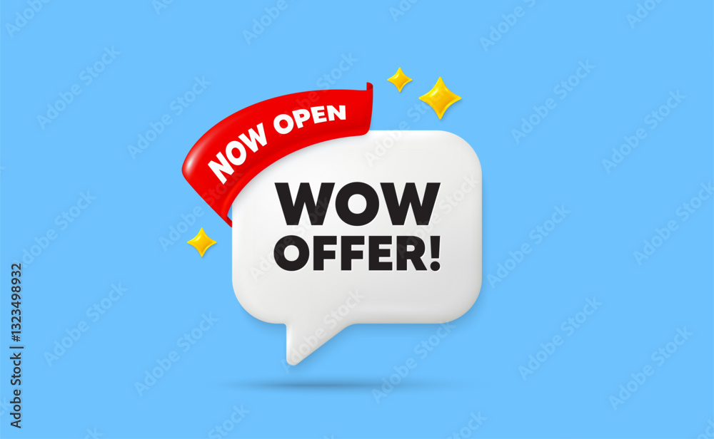 Wow offer ribbon speech bubble. Now open flag ribbon. Wow offer tag. Special Sale price sign. Advertising Discounts symbol. 3d sparkle stars speech bubble. Vector Wow offer ribbon speech bubble. Now open flag ribbon. Wow offer tag. Special Sale price sign. Advertising Discounts symbol. 3d sparkle stars speech bubble. Vector