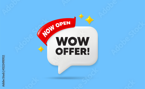 Wow offer ribbon speech bubble. Now open flag ribbon. Wow offer tag. Special Sale price sign. Advertising Discounts symbol. 3d sparkle stars speech bubble. Vector