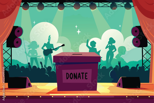 A brightly lit fundraising concert stage, showcasing musicians performing live;  audience visible, professional lighting and sound equipment.