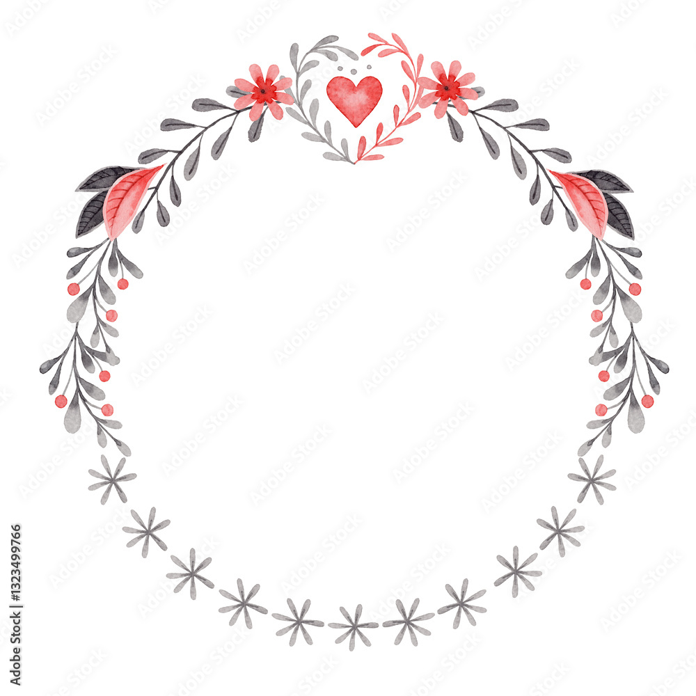 Obraz premium Round wreath with heart and branches in folk style. Stylized illustration in red and gray colors for wedding invitation creating. Hand drawn composition is perfect for romantic and love designs.