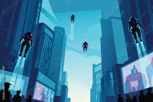 A vibrant, neon-lit metaverse cityscape teeming with diverse avatars, showcasing futuristic architecture and flying vehicles.