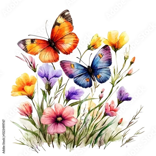 Two Butterflies Amongst a Wildflower Meadow. A vibrant watercolor illustration featuring colorful butterflies and wildflowers.