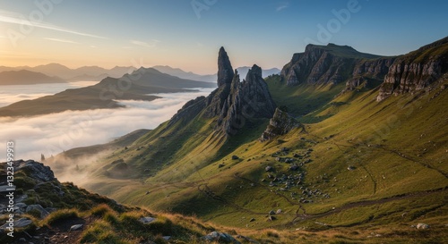 Majestic Mountain Landscape with Rolling Green Hills, Rugged Peaks, and Misty Valley Under Golden Sunrise Light
