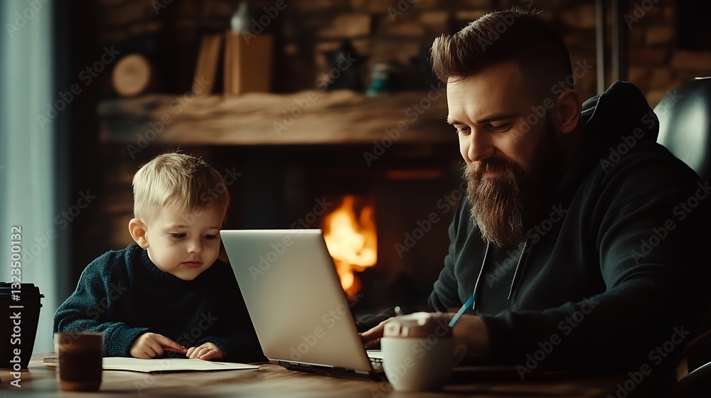 Father and Son Working Together at Home Office with Warm Fire in Background Creating Heartwarming Family Moment