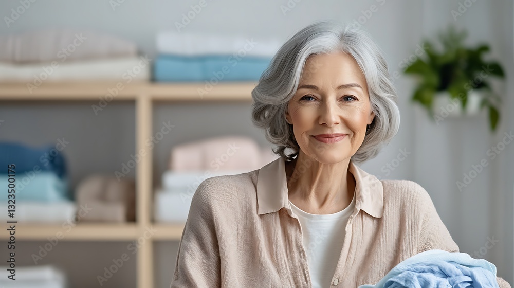 Fototapeta premium Senior woman smiling while holding clean laundry in a bright, organized laundry room with shelves of towels