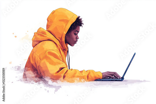 Wallpaper Mural Tech-Savvy Youth: A focused young individual in a vibrant yellow hoodie, engrossed in using a laptop, with creative touches accentuating the digital world. Torontodigital.ca