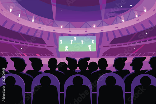 Futuristic stadium, holographic avatars cheering, vibrant neon lights, advanced technology, massive LED screens, breathtaking architecture.