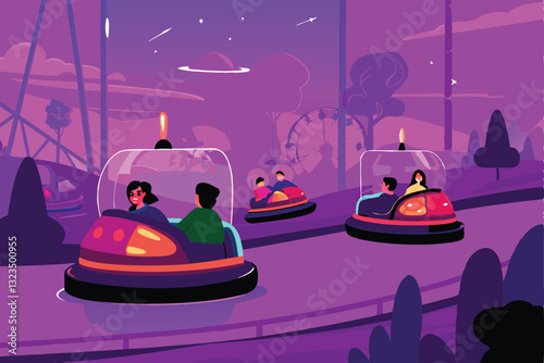 A vibrant, futuristic metaverse theme park showcasing dazzling neon architecture and a friendly GLO avatar interacting with virtual visitors.