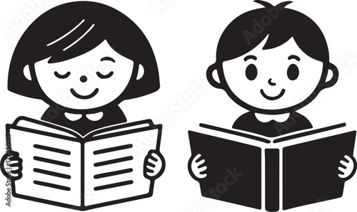 A set of international children's book day icons in filled flat black vector illustration design.