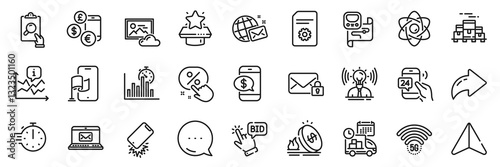 Discount button, Phone payment and Photo cloud line icons pack. Share, Message, Paper plane icons. Bid offer, Inspect, Boxes pallet web icon. Delivery, E-mail, Secure mail pictogram. Vector