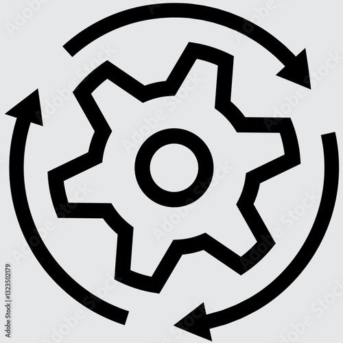 The gear icon with arrows around it, as a symbol of the workflow.