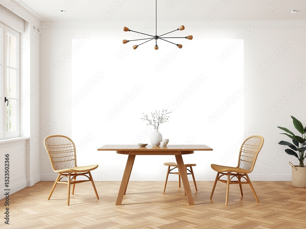 Fototapeta premium Beige Interior Mockup: Rattan Chairs and Wooden Table