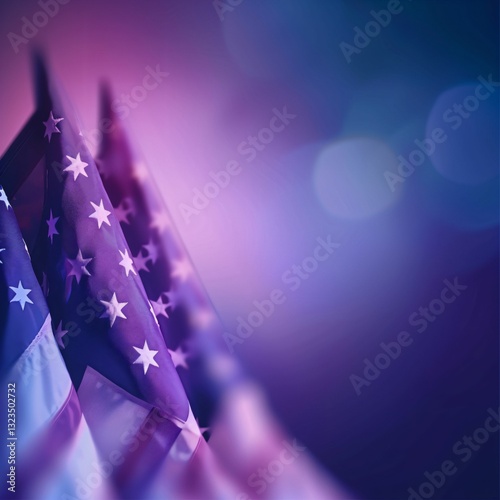 Vibrant Close-Up of American Flags with Rich Purple Background